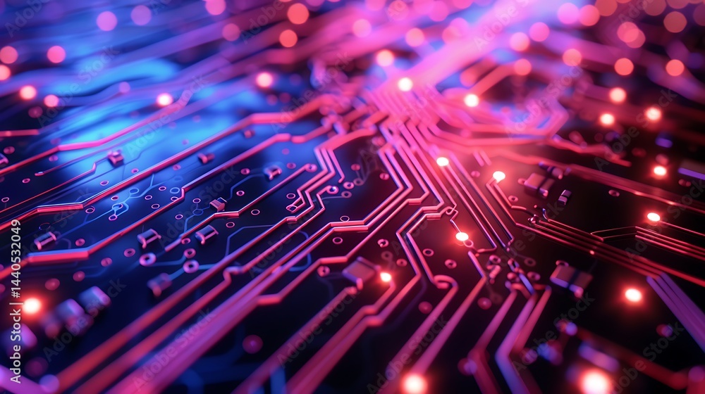 Poster abstract close-up of a circuit board with glowing pink and blue data pathways, nodes, and blurred bo