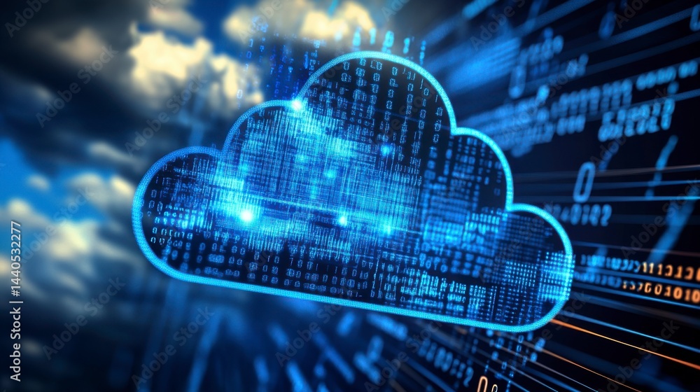 Poster glowing blue digital cloud icon with binary code