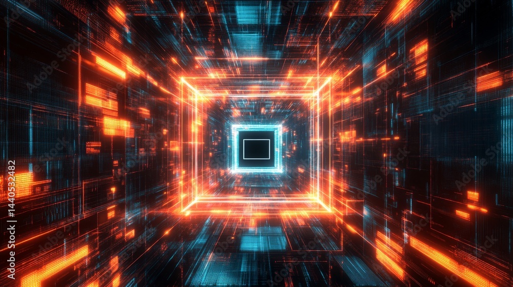 Poster dynamic digital tunnel exploration virtual reality animated visuals futuristic environment perspecti