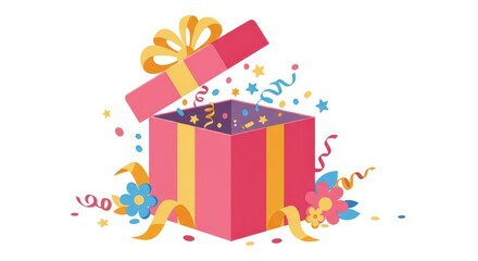 Open gift box with confetti and ribbons on white, for celebration marketing