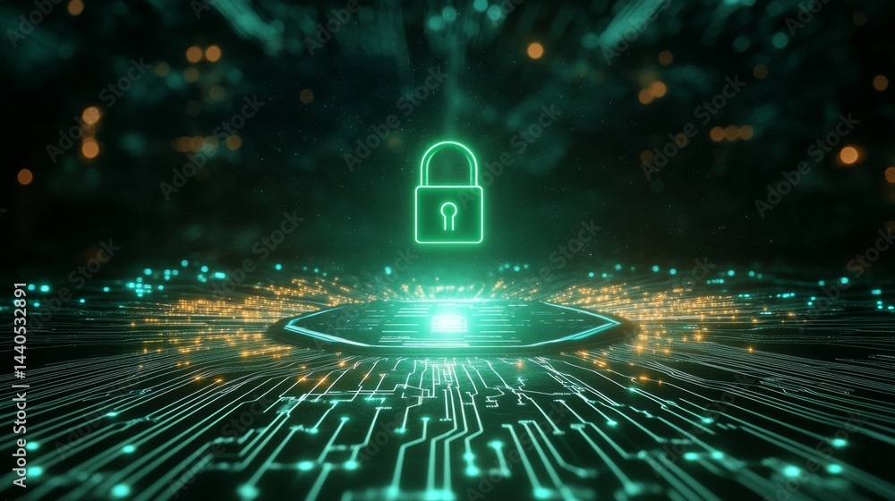 Poster cybersecurity event digital lock icon virtual space graphic design futuristic environment aerial vie
