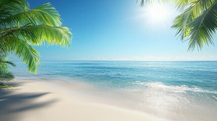 Beautiful tropical beach scene with clear blue sky calm ocean gentle waves white sandy shoreline lush green palm trees relaxing getaway nature background