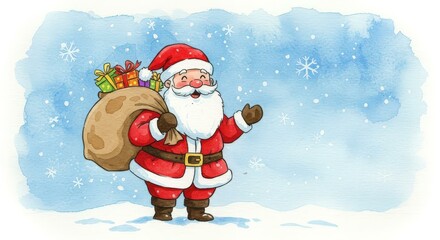 Santa Claus carries a gift sack in a watercolor scene, for holiday greetings