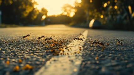 Ants work together on a road, collaborative colony