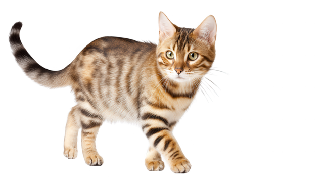 A cute tabby cat walks on a solid background with a rebg 233 effect.