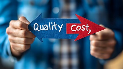 A professional holding an arrow pointing in two directions with "Quality" and "Cost," illustrating the trade-offs in business decisions