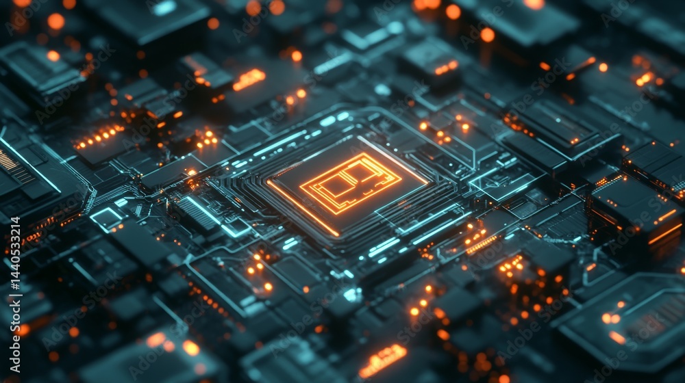 Poster futuristic technology event showcasing advanced microchip design virtual lab digital artwork close-u