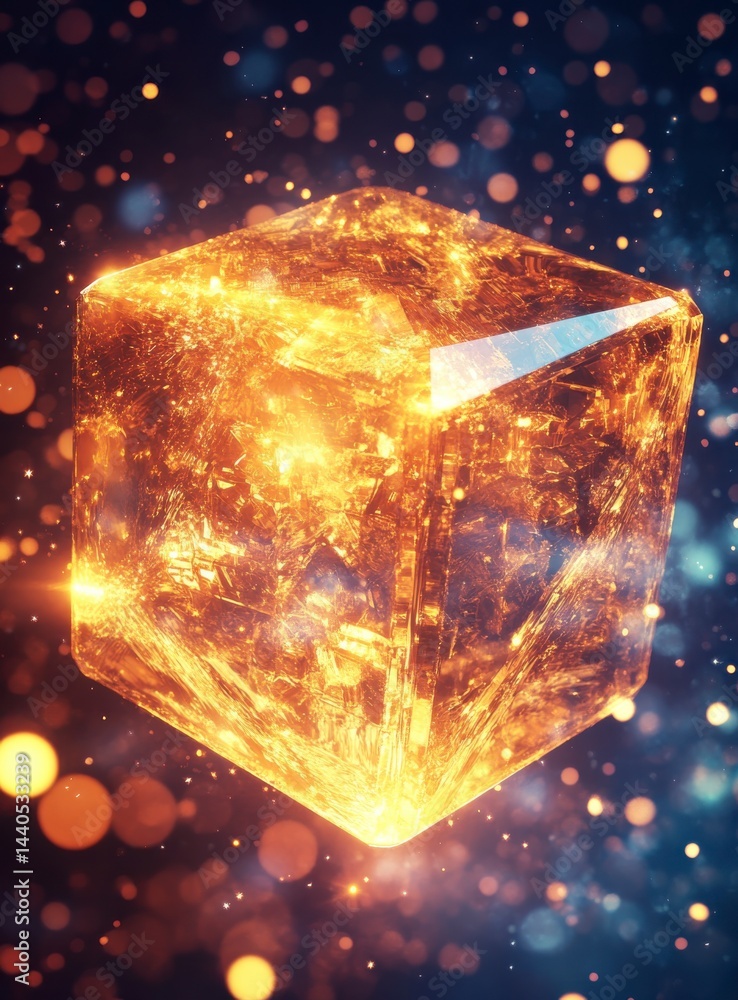 Poster glowing golden cube in dark space with bokeh lights