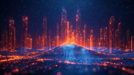 Abstract digital landscape with glowing lines and a central mountain-like structure.