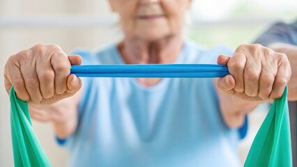 An elderly person exercises with resistance bands, focusing on strength training and physical fitness.