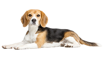A beagle dog lies isolated on a white background for REBG 252 designs.