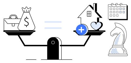 Scales compare money and career with home, health, and love. Calendar and chess piece highlight planning and strategy. Ideal for balance, equity, decision-making, priorities, lifestyle strategy