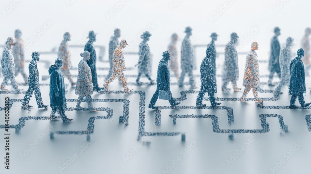 Poster group of professionals walking in a straight line in a modern urban environment with architectural e
