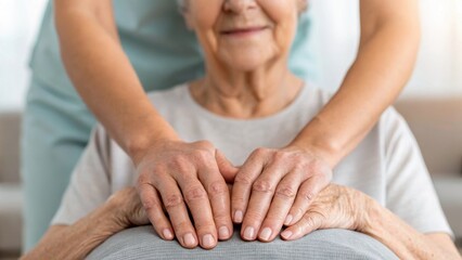 A caregiver provides gentle hand massage to an elderly woman, showcasing compassion and care in a serene setting.
