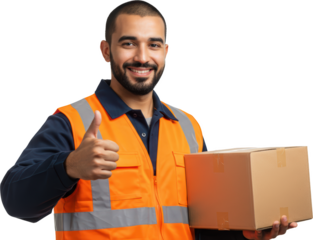 Smiling Delivery Worker Holding Package with Thumbs Up