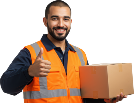Smiling Delivery Worker Holding Package with Thumbs Up