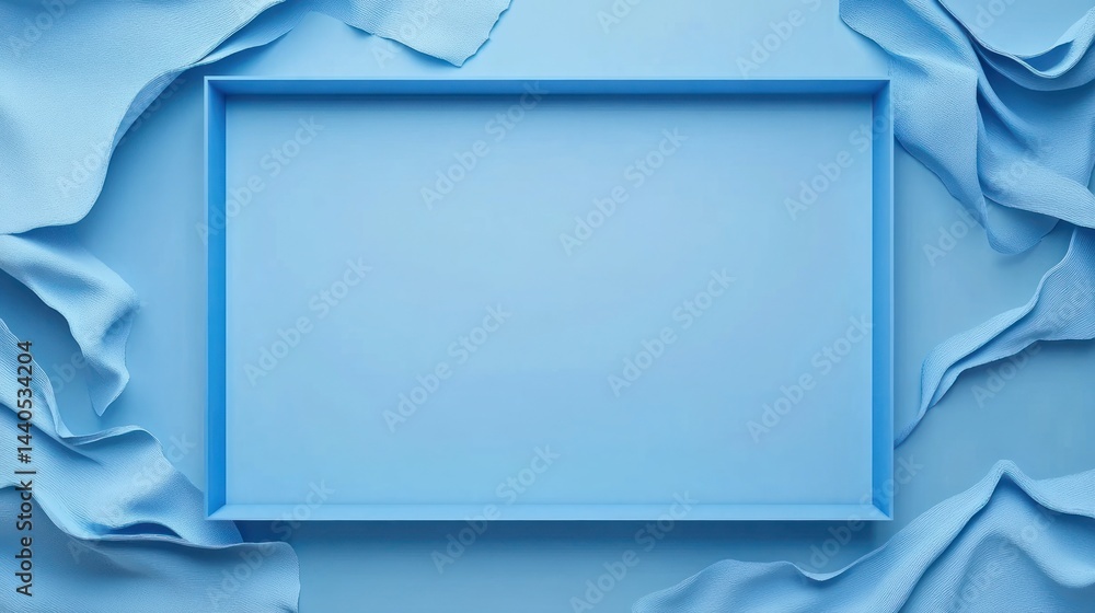 Poster light blue rectangular frame on crumpled fabric background.