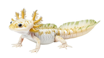 Obraz premium A leucistic axolotl displays its unique regenerative abilities on white background.