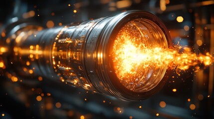 Metal tube with bright light and sparks in an industrial setting.