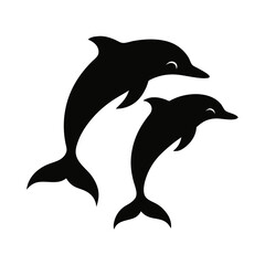 Naklejka premium Silhouette of two dolphins swimming in a circular pattern, black and white illustration