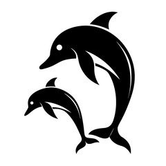 Obraz premium Silhouette of two dolphins swimming in a circular pattern, black and white illustration