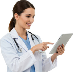 Smiling female doctor in lab coat using a digital tablet device
