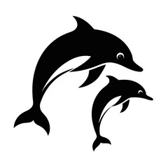 Obraz premium Silhouette of two dolphins swimming in a circular pattern, black and white illustration