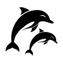 Fototapeta premium Silhouette of two dolphins swimming in a circular pattern, black and white illustration