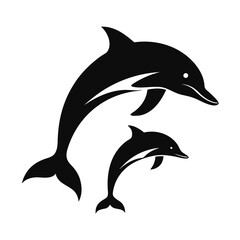 Fototapeta premium Silhouette of two dolphins swimming in a circular pattern, black and white illustration