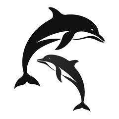 Fototapeta premium Silhouette of two dolphins swimming in a circular pattern, black and white illustration