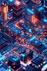 Obraz premium Glowing Orange and Blue Digital Cityscape Futuristic 3D Render