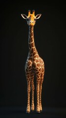 Giraffe stands gracefully against a dark background showcasing its unique pattern and height in a serene environment
