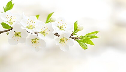 Obraz premium Delicate white blossoms on a branch with fresh green leaves against a soft, blurred background