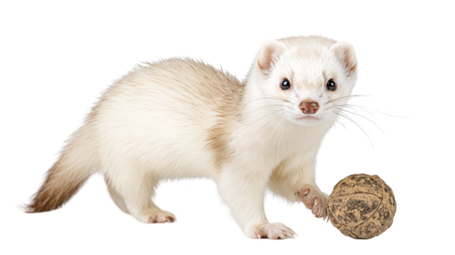 A playful albino ferret holds a ball in a vibrant image for REBG 300.