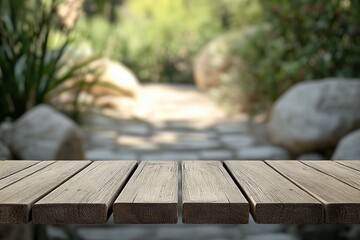 Wooden deck overlooking a garden path
