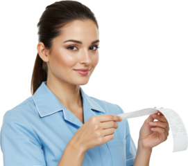 Smiling Healthcare Professional Examining a Detailed Receipt with Focused Attention