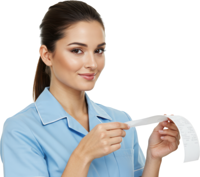 Smiling Healthcare Professional Examining a Detailed Receipt with Focused Attention