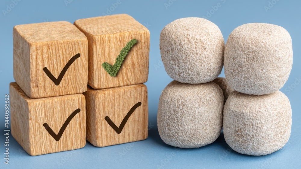 Poster wooden block featuring a bold tick symbol representing confirmation and positive outcome in decision