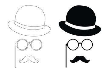 Hipster Style Icon Collection with Hat Glasses and Mustache Silhouettes and Outline on White Background