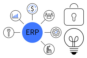 ERP hub connects dollar, graph, team, gear, wrench, factory, bulb, and lock icons. Ideal for business integration data management team collaboration financial tracking manufacturing security