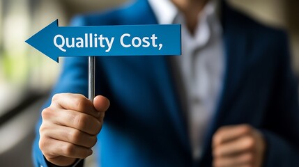 A professional holding an arrow pointing in two directions with "Quality" and "Cost," illustrating the trade-offs in business decisions