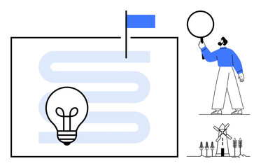 Lightbulb on a winding path leading to a blue flag, a person holding a magnifier, wind turbines, and trees. Ideal for innovation, sustainability, creativity, solutions, progress research