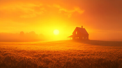 Golden Sunrise Over a House in a Field - Digital Illustration