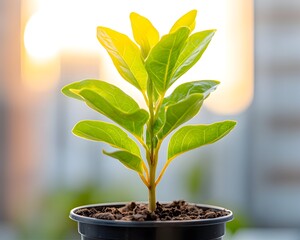 Vibrant young plant in a black pot, bathed in warm sunset light