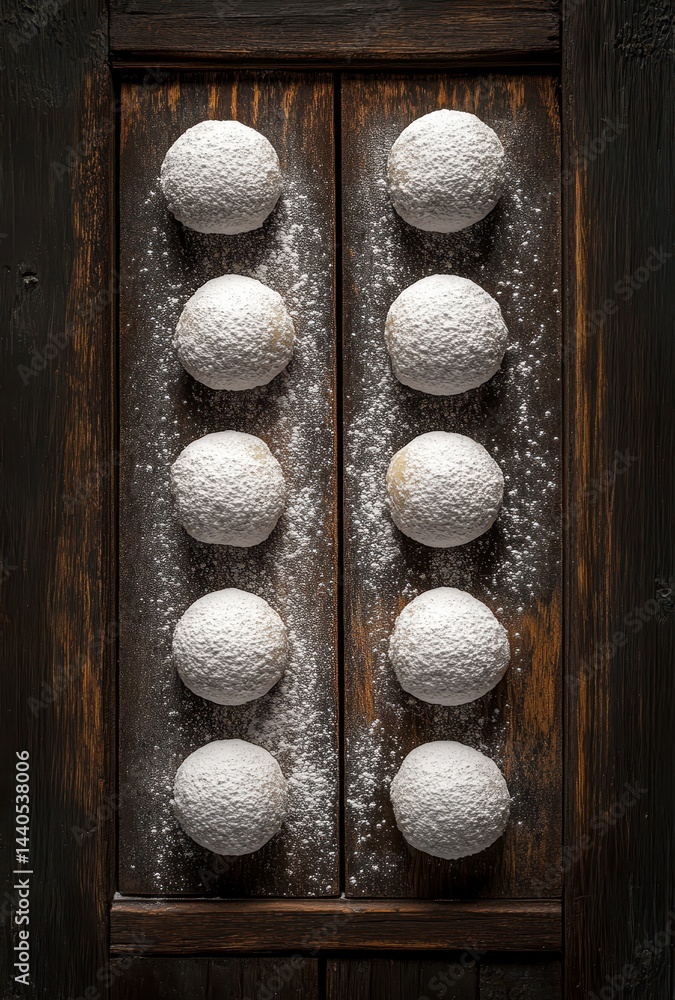 Poster soft white powdered treats arranged neatly on wooden background creating an inviting and deliciously