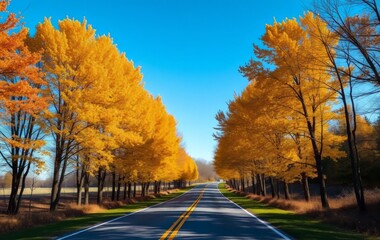 Obraz premium Autumnal Road lined with vibrant golden trees