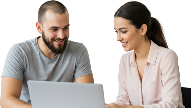 Smiling man and woman collaborating on a laptop sharing a joyful moment