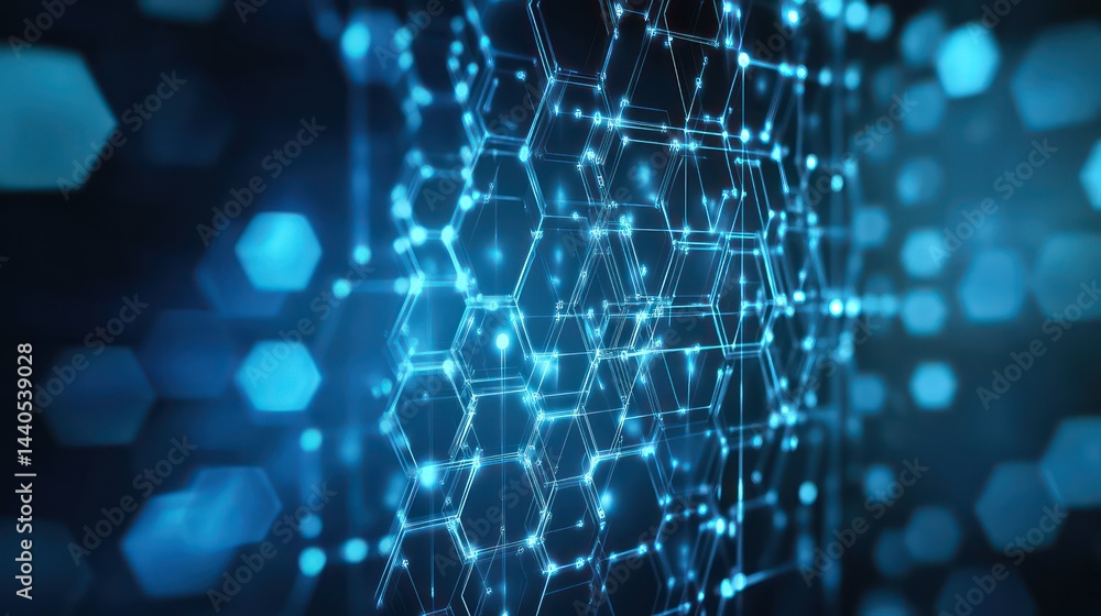 Poster illuminated hexagonal network against a dark backdrop