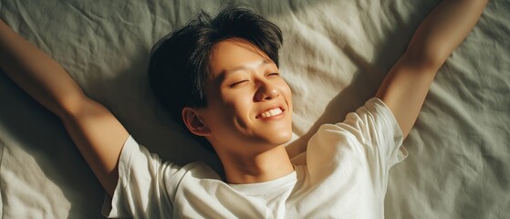 Happy men with a smile on his face in the bedroom at home, extending his arms in bed after waking up in the morning.