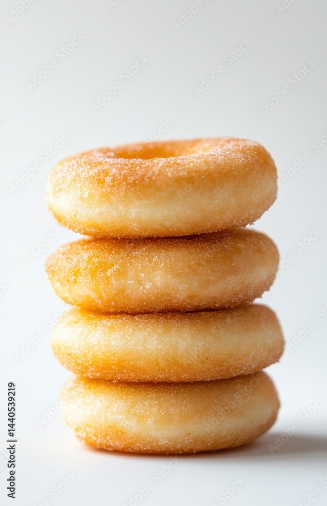Poster stack of four glazed donuts on a plain background with a focus on the soft textures and golden color